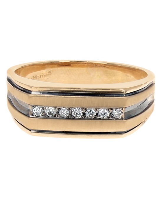 Gentlemen's Diamond Fluted Flat Top Ring in White and Yellow Gold